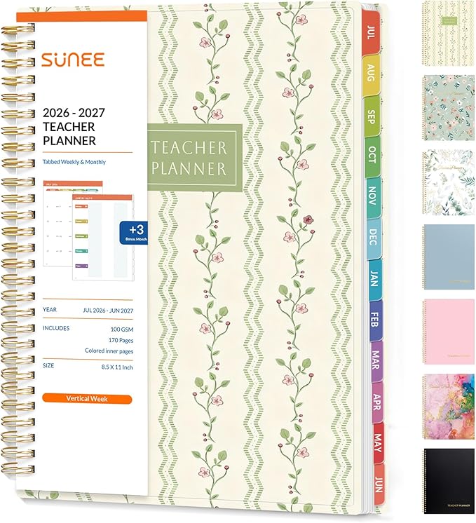 SUNEE Teacher Planner 2026-2027 Academic Year, Lite Lesson Planner Book with 7 Periods Jul 2026 - Jun 2027, 8.5"x11" Daily Weekly and Monthly Organizers, Plan Book with Pocket, Tabs, Floral Stripes