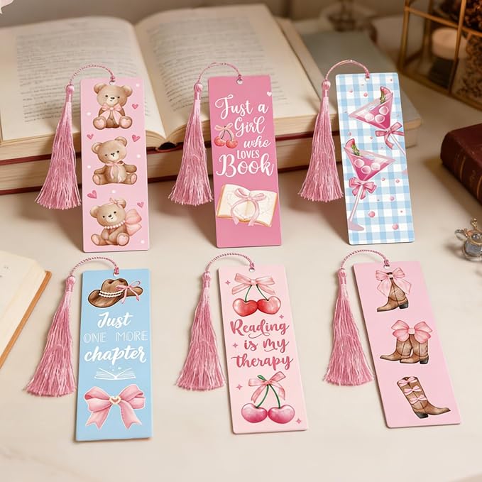 Coquete Acrylic Bookmarks Gifts - 6 Pcs Bow Cherry Bookmarks with Tassels Girly Book Marks Page Marker Clip Gift for Women Girls Book Lover Teacher Student Bookish Bookworms Reading