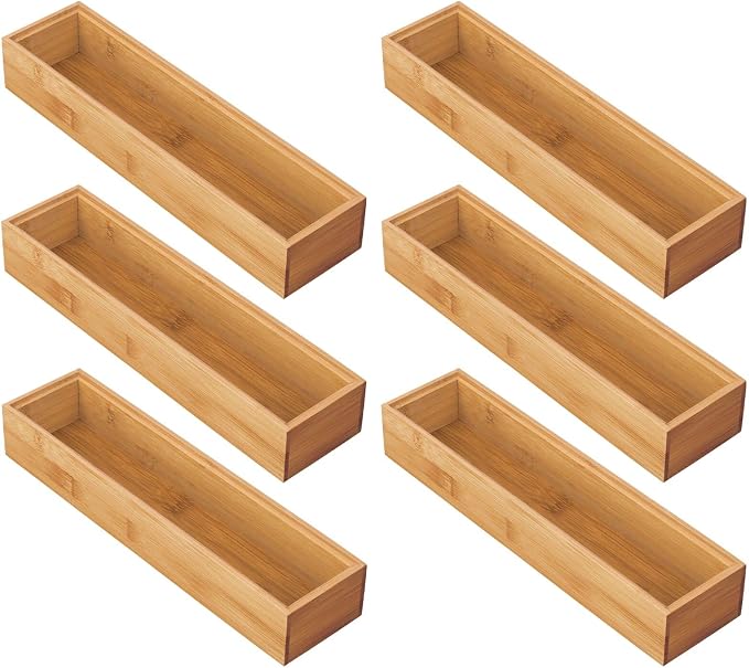 mDesign Slim Wooden Bamboo Drawer Organizer for Office - 12" Long Stackable Storage Box Tray for Desk Drawers/Cabinet - Junk Drawer and Accessories Organization - Echo Collection, 6 Pack, Natural Wood