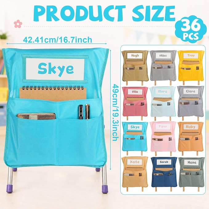 36pcs for Classroom 16.3x19.7inch Classroom Chair Pockets with Name Tag 3 Pockets Chair Organizer for Teacher Student School Office(Boho)