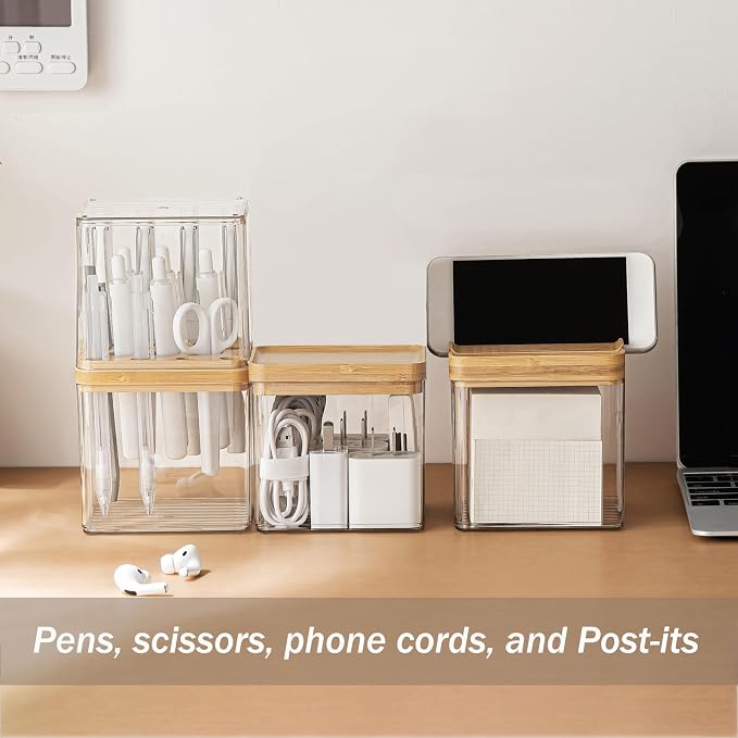 3-Pack Clear Desk Organizer Set with Lid - Stackable Pen Holder, Sticky Note, Paper Clip Storage, Office Desk Accessories for Pencils, Chargers, Cables, Art Supplies