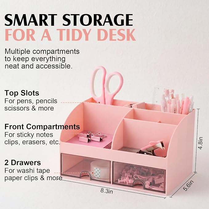 Eersida Office Desk Accessories Supplies, 26 Pcs Desk Organizer with Tape Dispenser, Stapler, Staple, Staple Remover, Scissor, Ruler, Sticky Tabs, Tape, Ballpoint Pen, Pencil, Clips for School(Pink)