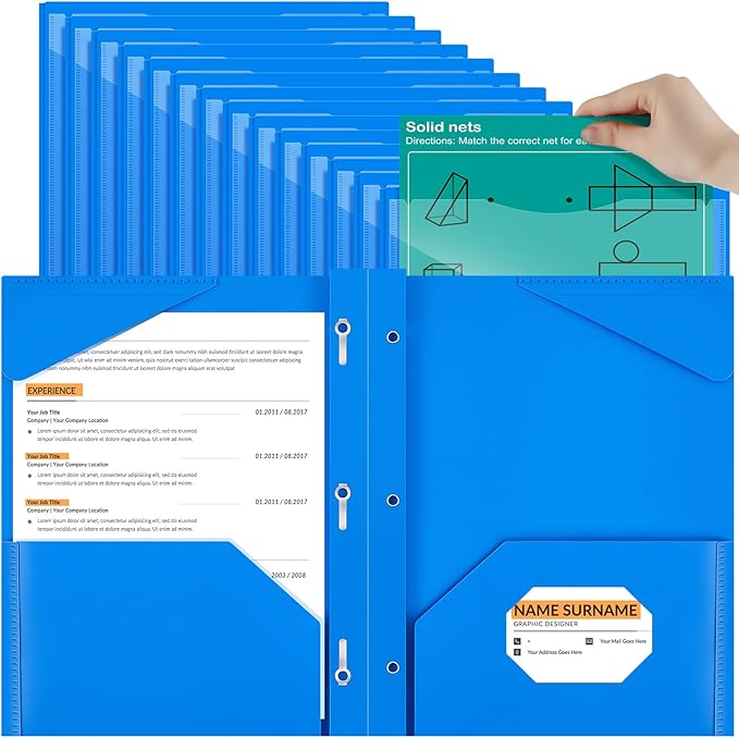 Henoyso 36 Pcs Plastic Folder with Clear Front Pocket and 3 Prong Plastic Folders with Card Slot Pocket Folders with Prongs for School Office (Blue)