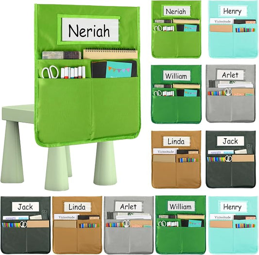gisgfim 12 Pcs Chair Pockets for Classroom 16.7 x 19.3 Inch s with Name Tag Chairback 3 Pockets Chairs Seat Back Organizer for Elementary School Daycare Home Supply (Greenery)
