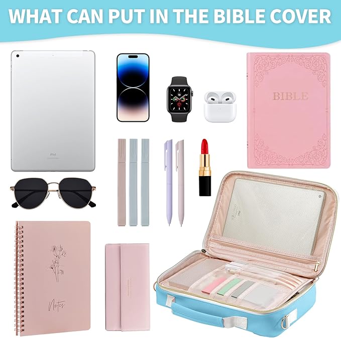 KOPKOFT Bible Cover Case for Women, Large Chenille Letter Leather Bible Case with Bible Study Accessories, Bible Study Supplies Bible Journaling Kit, Christmas Christian Gift for Women Girls (Blue)