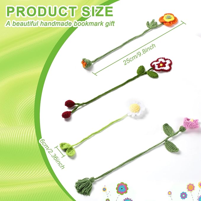 Harloon 4 Pieces Book Lover Gifts Flowers Crochet Bookmarks Handmade Knitted Book Marker Curtain Tiebacks Holdbacks Car Ornaments for Readers Writers Library(Cute)
