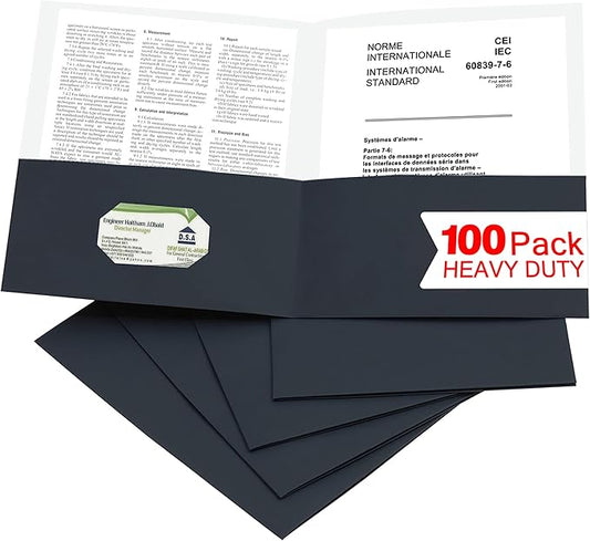 Zzrywuty 100 Packs Black Two Pocket File Folders with Business Card Slot,Textured Paper,Letter Size,Holds 100 Sheets for School,Office,Business