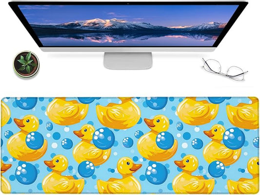 Colorful Rubber Duck Gaming Mouse Pad – 12x31.5in Large Extended Desk Mat with Cute Cartoon Yellow Ducks Bubbles Design – Non-Slip Rubber Mousepad for Office Home – Deskmat Gifts Decor