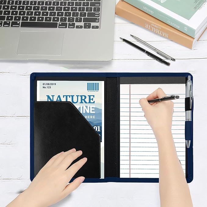 A5 Padfolio Business Portfolio Folder,Junior Size Document Folder Organizer, Padfolio with Interior Pocket and Pen Loop, 5 x 8 Writing Pad Included, Navy Blue.