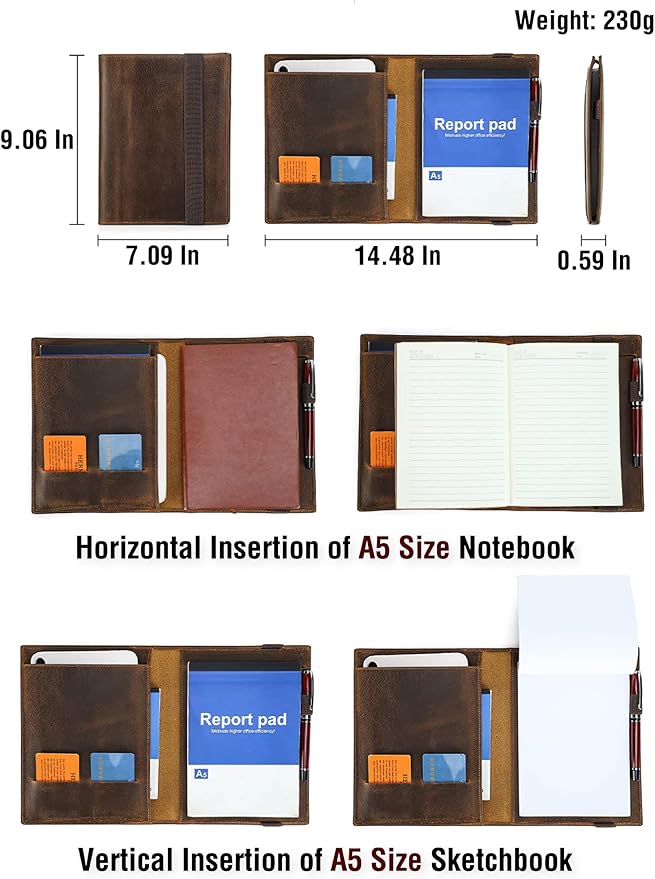Top Grain Leather 8.3" Padfolio for Men & Women, Handmade Vintage Design, Multi-Functional Business Portfolio Organizer, Compatible with Cards/iPad Mini/Pen/A5 Size Document, Coffee 8.3 Inch