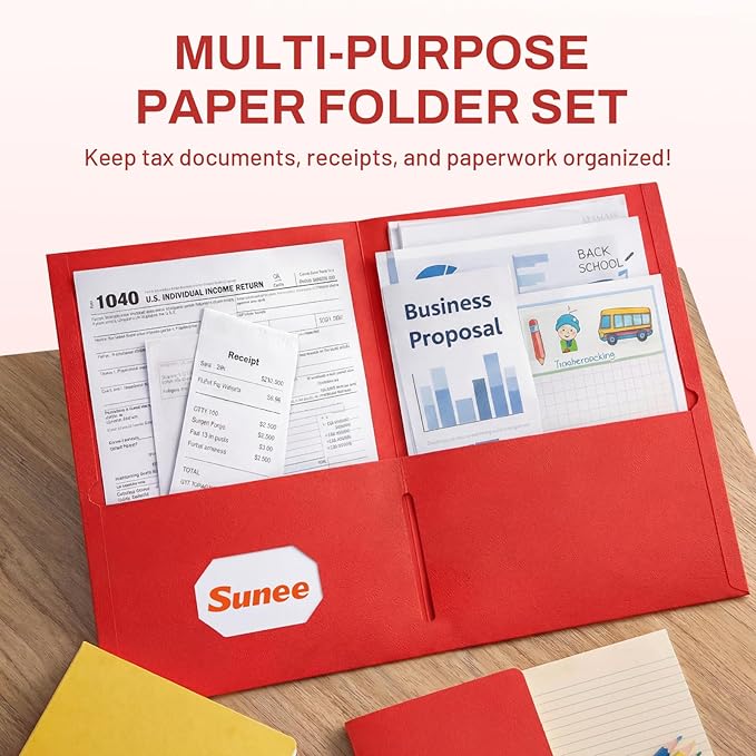 SUNEE Folders with Pockets(25 Pack, Red), 2 Pocket Folders Fit Letter Size Paper, Paper File Folder for School Office Home Business