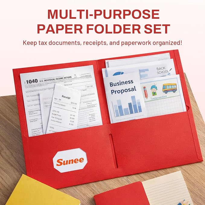 SUNEE Two Pocket Folders, 50 Pack File Folders with Business Card Slot, Textured Paper, Fit Letter Size Paper, Paper File Folder for School Office Home Business, Red