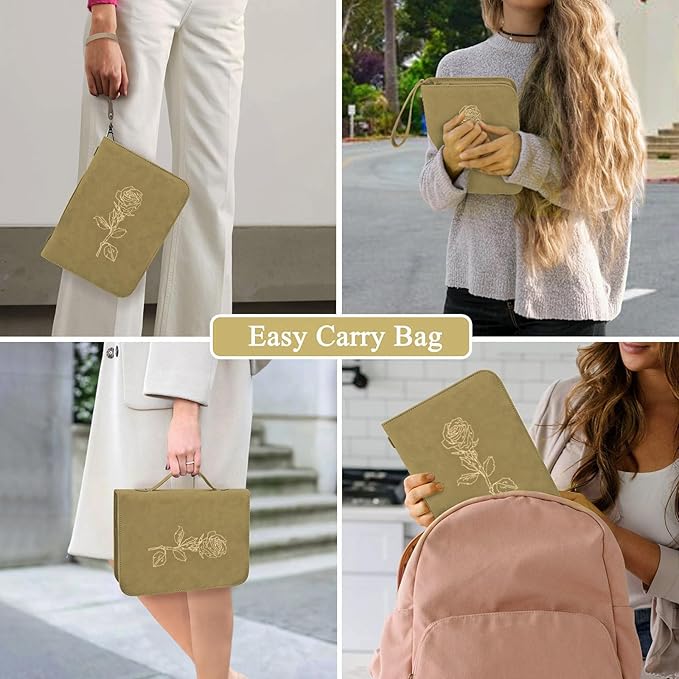 CITYCHASE Elegant Rose Design Bible Cover Case with Bible Study Supplies Highlighters Pens Bookmark Leather Bible Cover Case for Women Perfect Gift for Christians(Khaki Pro)