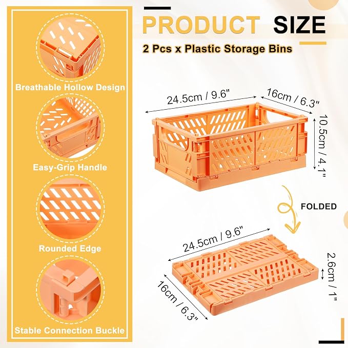 uxcell 2Pcs Small Plastic Storage Baskets, 9.6 x 6.3 x 4.1 Stackable Foldable Storage Bins with Handles Collapsible Crates for Home Office Shelves Closet Books Organizing, Light Orange