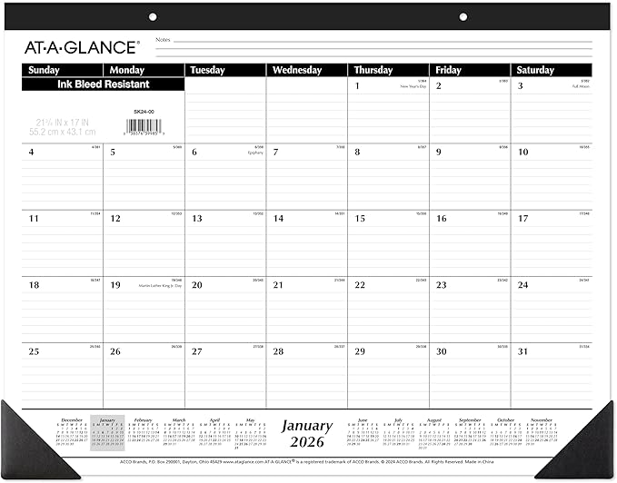 AT-A-GLANCE 2026 Desk Calendar, Monthly, Desk Pad, 21-3/4" x 17", Large, Ruled Blocks (SK240026), White