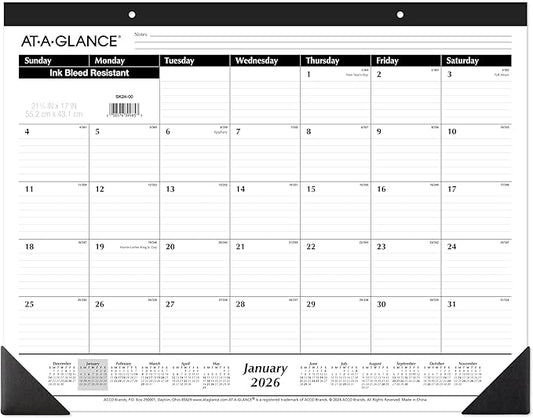 AT-A-GLANCE 2026 Desk Calendar, Monthly, Desk Pad, 21-3/4" x 17", Large, Ruled Blocks (SK240026), White
