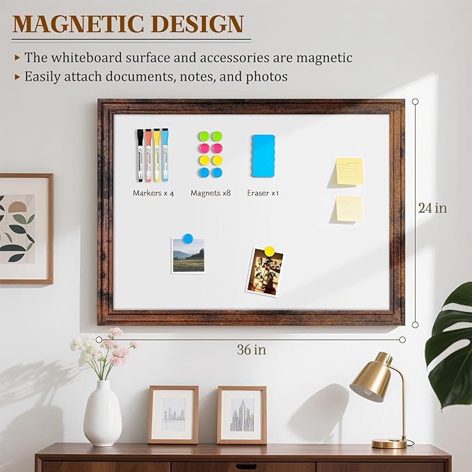 Large White Board for Wall, 36''x24'' Magnetic Dry Erase Board, Decorative Whiteboard with Brown Vintage Wooden Frame, Hanging Writing Board for Home Office School Dorm