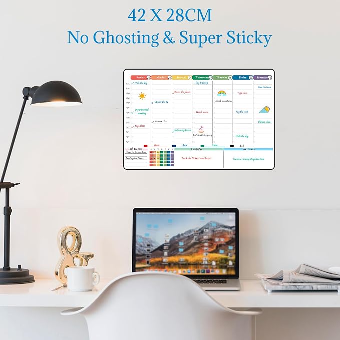 POPRUN Weekly Calendar Whiteboard Self Adhesive, 16.5" x 11" Dry Erase Calendar for Wall Fridge Smooth Surfaces, Perfect as Weekly Planner for Home Office School Family