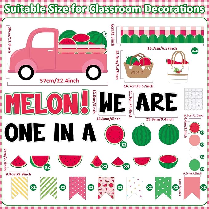 Justforjoyful Summer Watermelon Bulletin Board Set Watermelon Truck Classroom Decorations Back to School One in a Melon Bulletin Board Decor Summer Watermelon Cutouts for Shcool Nursery Decor