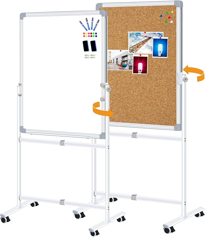 Max-officoo 30"x40" Double Sided Whiteboard & Cork Board on Wheels Adjustable Height & Angle Mobile Magnetic Dry Erase Board with Rolling Stand
