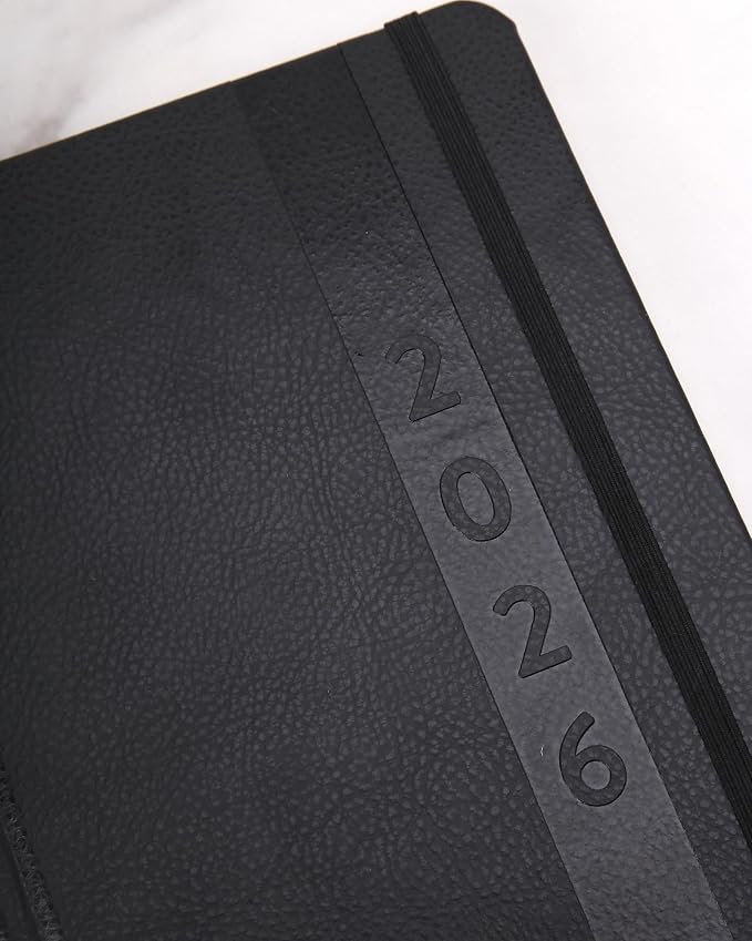 WORLD TRAVELER 2026 Planner - 6x8 Inch Weekly and Monthly Calendar Planner Agenda Book with Bookmark & Ribbon for School and Office, Size 6X8, Black Leather