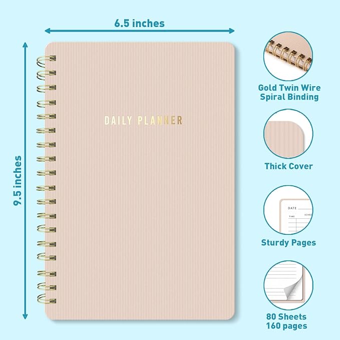 Sweetzer & Orange Daily Planner Notebook – Undated Two-Page Daily Layout with Hourly Schedule, To-Do List, Priorities, and Notes – 6.5" x 9.5" Spiral Bound Productivity Organizer – 160 Pages