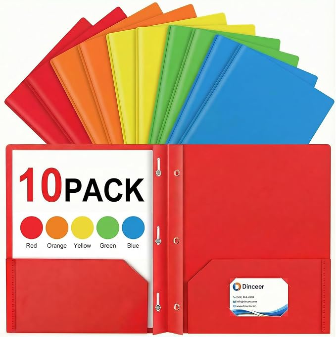 Plastic Pocket Folders with Prongs, Heavy Duty 2 Pocket Poly Folder Set, Bright Assorted Colors, Letter Size 8.5 x 11, Metal Fasteners, Business Card Slot (10, Rainbow)