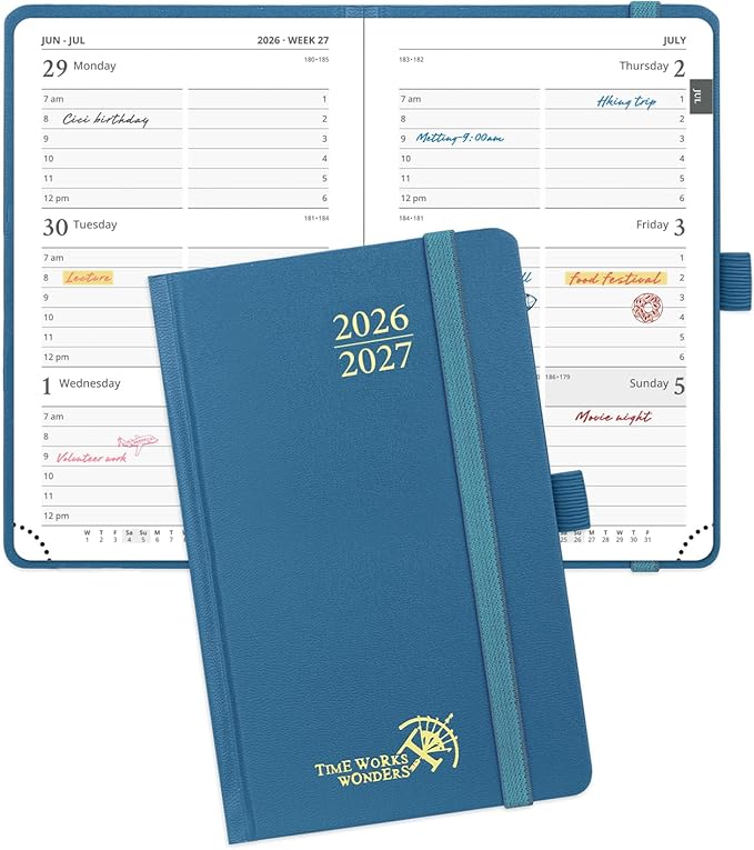 POPRUN 2026-2027 Academic Small Weekly Planner, 4" x 6.25" Purse Size Calendar, July 2026 to June 2027, Hardcover Appointment Book with Horizontal Layout, Hourly Time Slots - Night Sky Blue