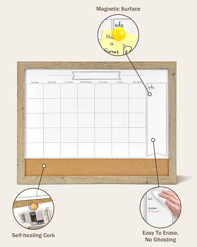 Dry Erase Calendar Whiteboard for Wall, Small Combination Magnetic Dry Erase White Board & Bulletin Board, 13" x 17" Rustic Brown Frame Calendar/Cork Combo Board(RB-3343)