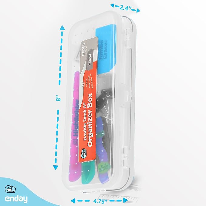 Enday Pencil Box Clear, Plastic Double Deck Pencil Case with 7 Compartments, Box Organizer with Snap Closure for Home and Office