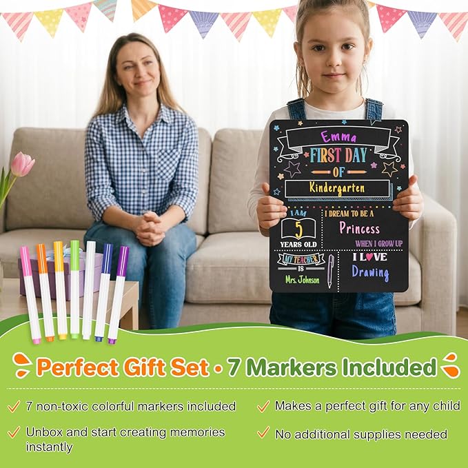 First Day Last Day of School Sign 11x14 Double-Sided Reusable Chalkboard with Chalk Markers - Back to School Gift Photo Prop for Preschool Kindergarten Elementary Kids Memory Keepsake
