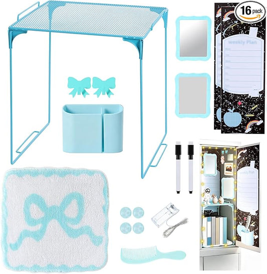 16 Pcs Locker Accessories Kit, School Locker Organizer Set with Shelf, Magnetic Mirror, Pen Holder, Whiteboard Marker, Plush Rug and Wall Decals (Blue)