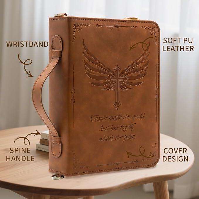 Bible Cover,Bible Cover Case for Women,Men&Children with Detachable Shoulder Strap,Handle for Bible and Other Book Accessories,Christian Art Gifts,PU Leather, Church Bag,Brown