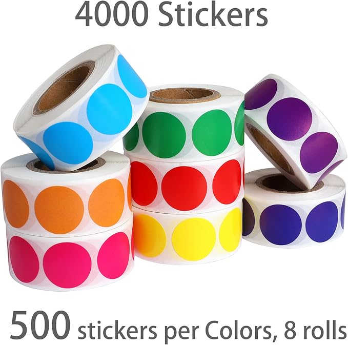 4000 PCS 3/4" Colored Dot Stickers Circle Color Coding Labels, 8 Color Style Colorful Coding Label Sticker for Office, Student Classroom(8 Rolls, 3/4 Inches)