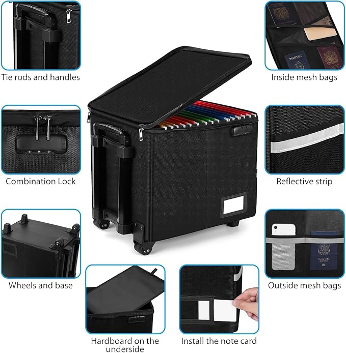 Fireproof File Box with Wheels, Collapsible Rolling Fireproof Document Bag with Lock, Fireproof Box with Handle & Casters, Mobile Fireproof Document Storage for Legal/Letter Size Files