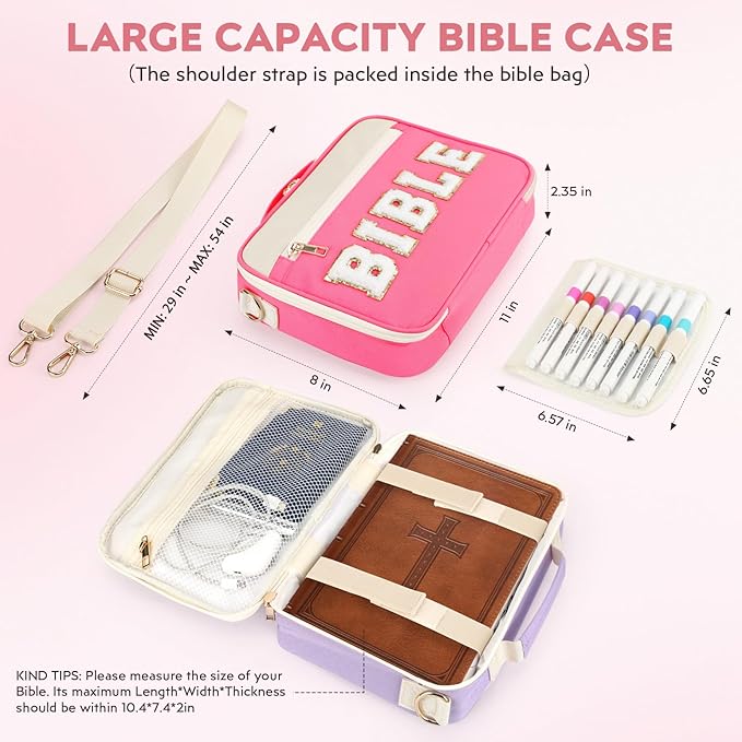 Bible Cover Case for Women Grils, Preppy Bible Bag with Adjustable Shoulder Strap, Waterproof Bible Carrying Tote Bags Holder for Bible Study Supplies Accessories & Christian Gifts (Rose Red)