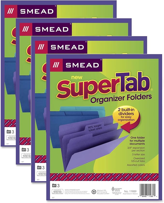 Smead SuperTab Organizer Folder, 1/3-Cut Oversized Tab, 2 Dividers, Letter Size, Assorted Colors, Includes 4 Packs with 3 Folders per Pack, 12 Total Folders (11989)