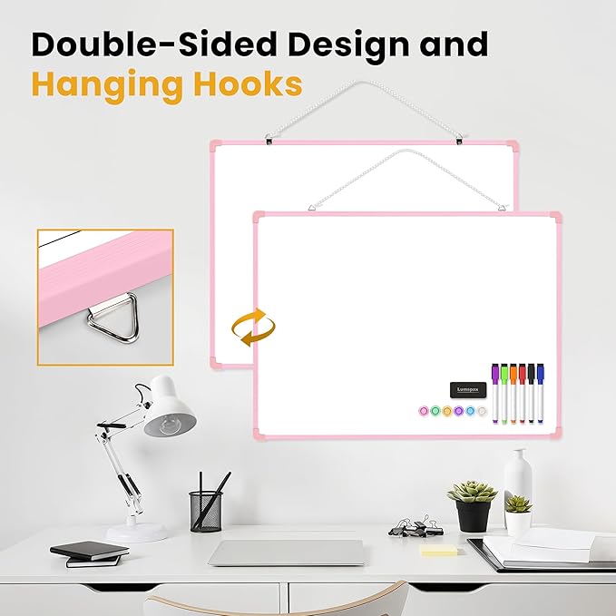 Dry Erase Board for Wall, 24" x 18" Double-Sided Hanging White Board with 6 Markers, 6 Magnets and 3 Mini Sticky Notes, Portable Whiteboard for Home, Office, School, Pink Frame
