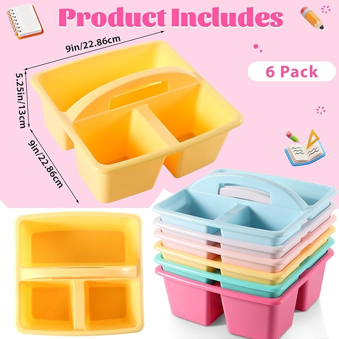 6 Pack 3 Compartment Small Caddy Plastic Classroom Organizer with Handle Portable Teacher Supply Storage Caddy Craft Art Caddies for Pencil, Crayon, Marker, Home, Office, School Supplies(Pastel)