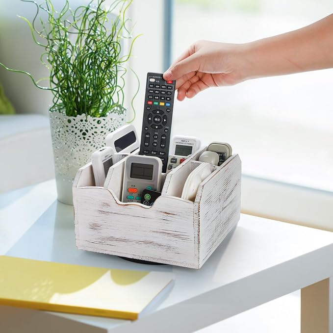 yarlung Vintage Rotating Remote Control Holder, Shabby Chic White Wooden Office Supplies Organizer 7 Compartments, 360° Rotation Multipurpose Storage Caddy for Pens, Art Supplies, TV Media