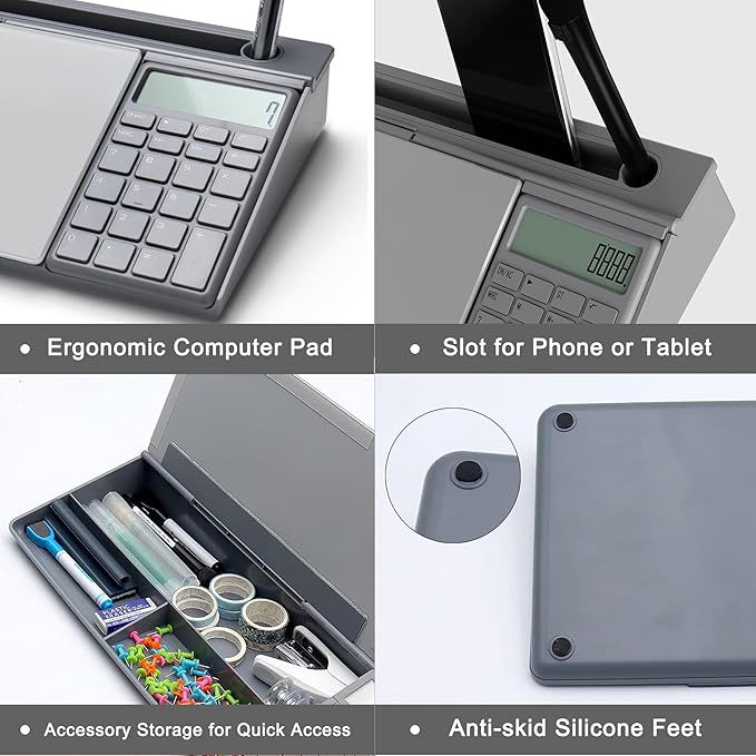 TOWON Desktop Glass Whiteboard with Basic Calculator, 12 Digit LCD Display, Desk Organizers with Accessories for Office, Home, School Supplies, Storage with Dry Erase Board Surface, Gray, 18'' x 6''