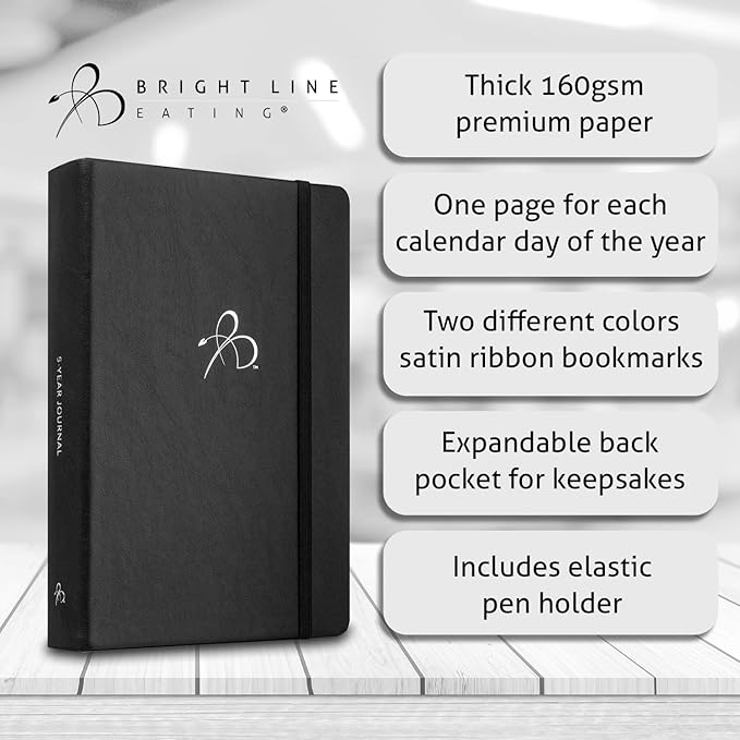 Bright Line Eating 5 Year Journal - Vegan Leather Journal w/Daily Entries – Black Memory Book Journal for Women & Men – 5 Year Journal for Tracking Memories, Ideas, Devotions & Progress