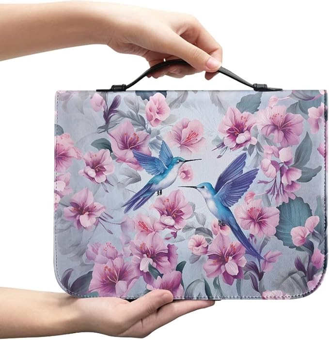 Hummingbird Flower Bible Covers Case for Women Waterproof PU Leather Bible Carrying Case for Man Bible Protector Zip Around Bible Organizer Bag