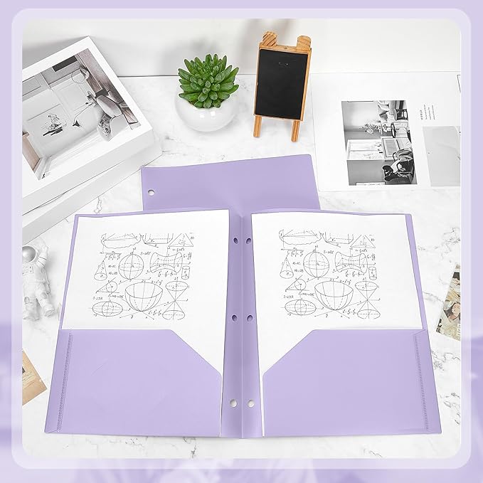 Yeaqee 100 Pcs Plastic Folders with Pockets Bulk 3 Hole Punched 2 Pocket File Folders for 3 Ring Binder Divider Folder for Notebooks, Durable Poly for Office Home (Light Purple)