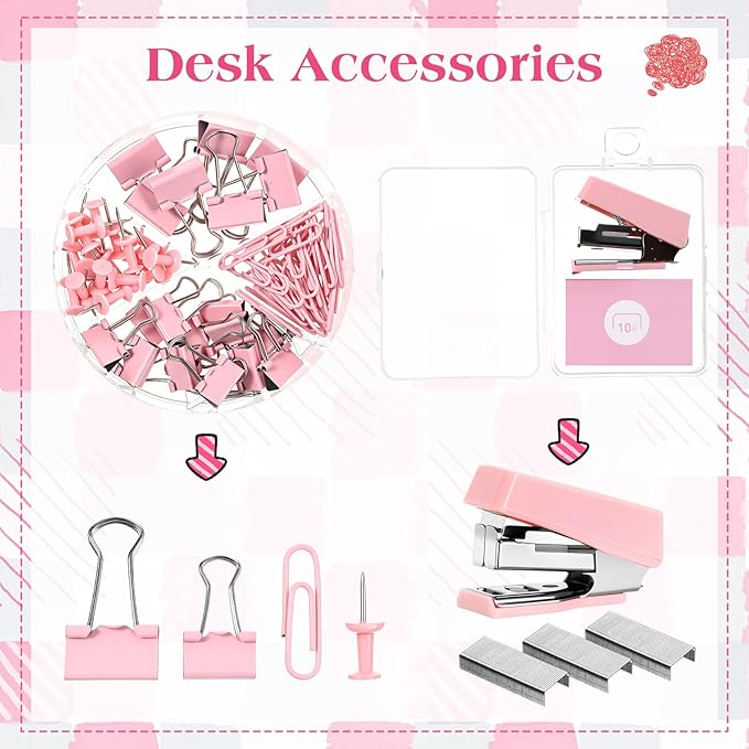 Eersida 58 Pcs Christmas Pink Bow School Supplies Coquette Aesthetic Stationery Large Pencil Pouch Ink Gel Pens Highlighters Sticky Notes Color Pens Stapler Set Christmas Gifts for Student