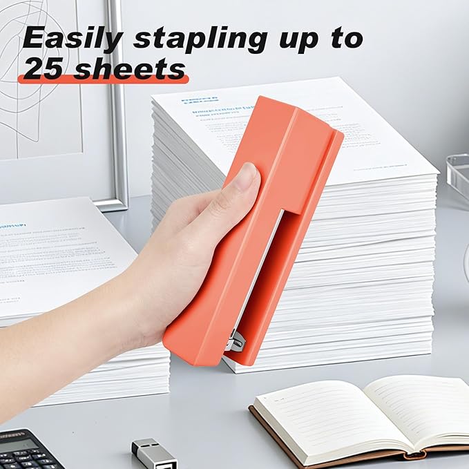 Stapler 25 Sheet Capacity with 830 Staples and Staple Remover, Full Strip Staplers for Desk, No Jam, Non-Slip for Office & School, Orange