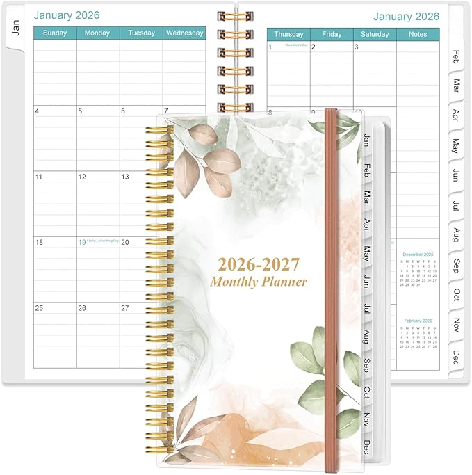 2026-2027 Monthly Planner - January 2026 - June 2027, Two Pages Per Month, 18 Monthly Calendar/Planner with Tabs, Strong Twin-Wire Binding, Inner Pocket, 3.75" x 6.5", Rose Leaf