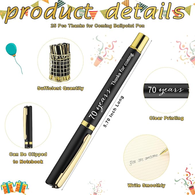 Spakon 25 Set 70th Birthday Party Favor for Guest Anniversary Party Favor Golden Birthday Bookmark Thanks Coming Pen with Tag Appreciation Gifts for Women Men Wedding Anniversary