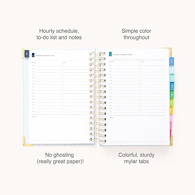 Simplified 2026 12-Month Spiral Daily Planner — Serene Stripe — January 2026 - December 2026, Calendar Year Organizer with Stickers, Pockets, and Keepsake Box