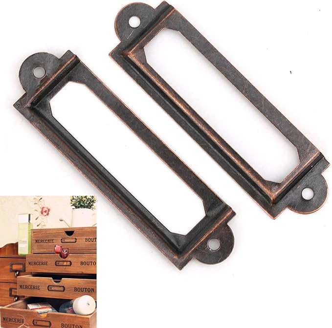 20PCS Metal Drawer Label Holders, Retro Exquisite File Cabinet Label Frames Card Tag Label Holder with Screws for Office Drawers Shelves (Reddish Bronze Color)